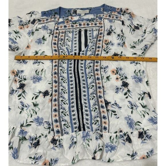 Lucky Brand Floral Blouse Puff Sleeve Crochet V-Neck Small - Picture 7 of 8